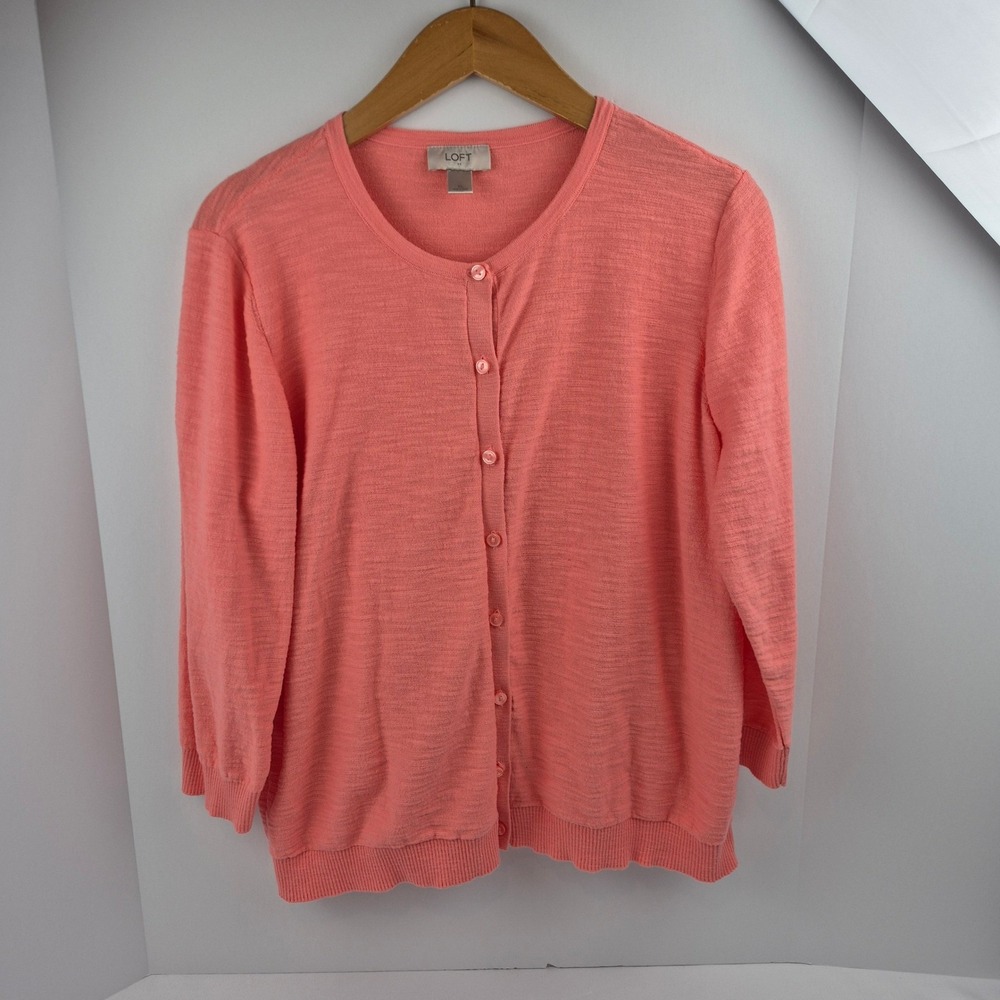 LOFT‎ Coral Pink Knit Button Front Cardigan Sweater XL Lightweight 3/4 Sleeve